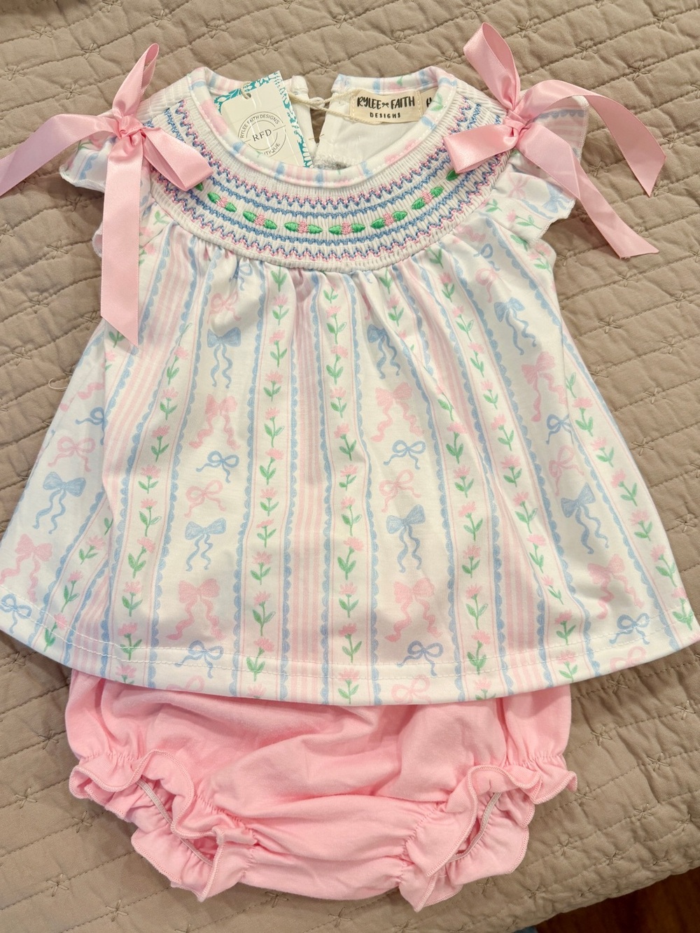 NWT Rylee Faith Baby Girl 6M Smocked Outfit Set Pink Blue Bows Spring Boutique
